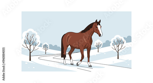 A brown horse walks along a snow-covered path in a winter landscape with bare trees and distant mountains.