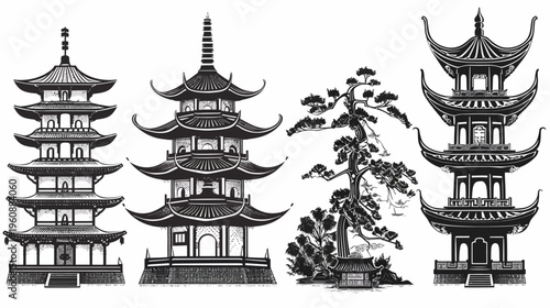 Four detailed illustrations of traditional Asian structures, with pagodas and accompanying landscape