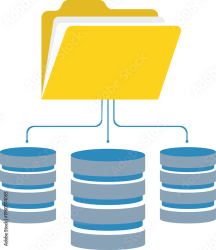 Data management icon concept with yellow file folder connected to database servers, flat vector illustration.