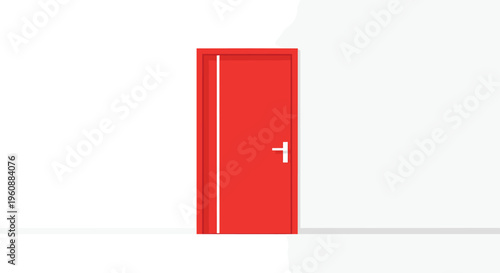 A vibrant red door with a white handle and vertical stripes is centered on a minimalist white wall.