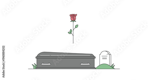 A grey coffin and a white tombstone are depicted with a single red rose above them in a minimalist line art style.