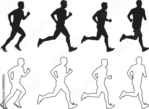 Running silhouette illustrations of men in various poses