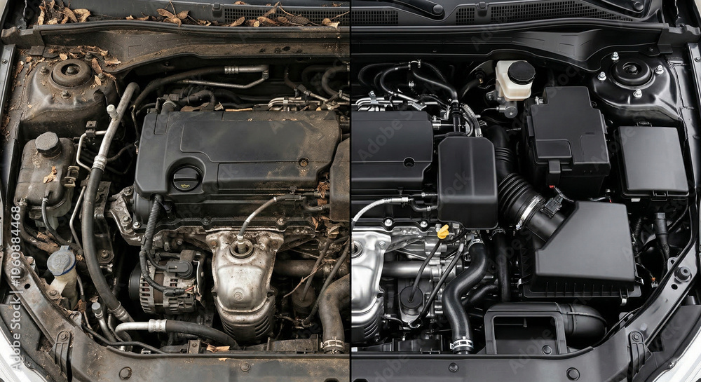 Fototapeta premium Dirty versus clean car engine bay before and after detailing.