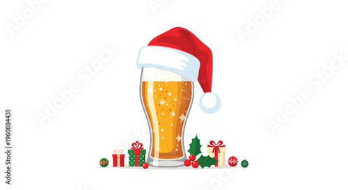 A pilsner glass of beer wearing a Santa hat is surrounded by Christmas gifts and holly on a white background.