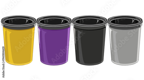 Four colorful, stylized waste containers in yellow, purple, black, and gray