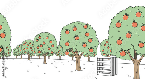A stylized orchard scene features multiple apple trees with green canopies and orange fruits, with a single wooden crate in the foreground on a white ground.