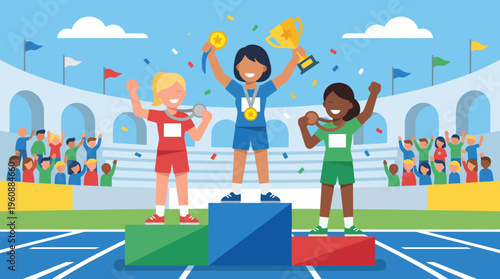 Diverse Female Athletes Celebrate Victory on Podium with Gold Medal.