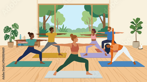 Diverse Group of People Practicing Yoga Poses Together.