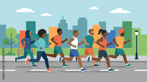 Diverse Group of Runners Participating in a City Marathon Event.