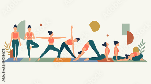 Diverse women practicing various yoga poses for health and wellness.