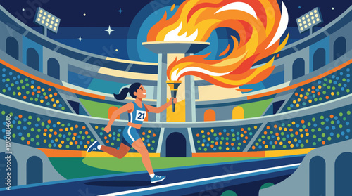 Female athlete carrying Olympic torch in stadium during international sports event.