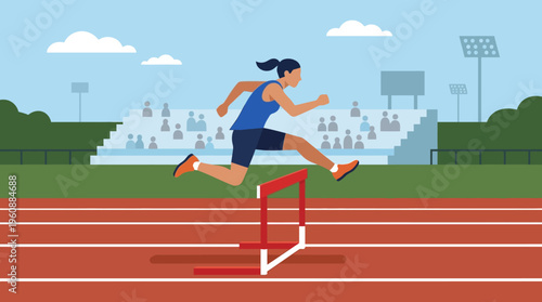 Female athlete jumping over hurdle on track during competition.