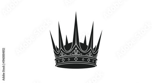 A stylized black crown with sharp spiky points and intricate white decorative patterns is centered on a white background.