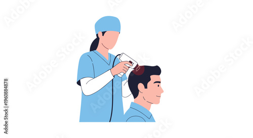 A medical professional in blue scrubs administers a laser treatment to a man's scalp with a glowing device.