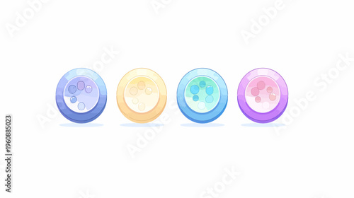 Four circular illustrations in various pastel colors, each with internal bubbles, on a white background