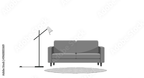 A grey two-seater sofa sits on a patterned rug with a black floor lamp to its left against a plain white background.