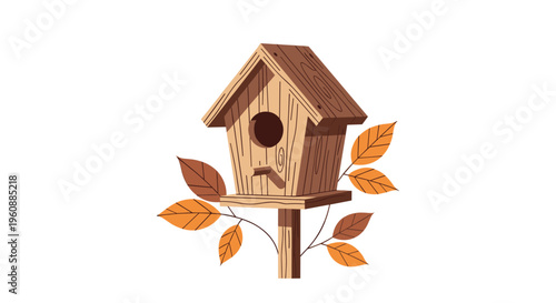 A wooden birdhouse with a round entrance and autumn leaves is mounted on a post against a white background.