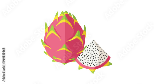 A whole pink dragon fruit and a triangular slice with white flesh and black seeds are shown on a white background.