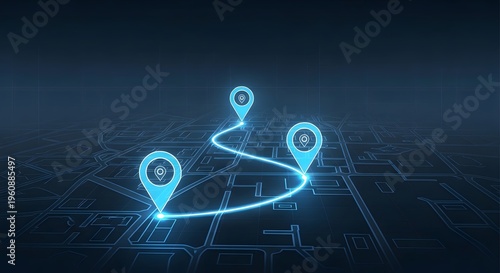 A glowing blue route map with three location pins on a dark background