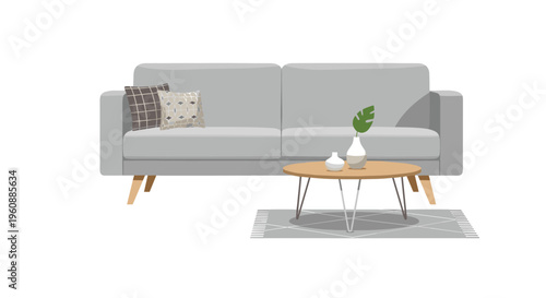 A light grey two-seater sofa with two cushions sits beside a round wooden coffee table with two white vases on a grey rug against a white background.