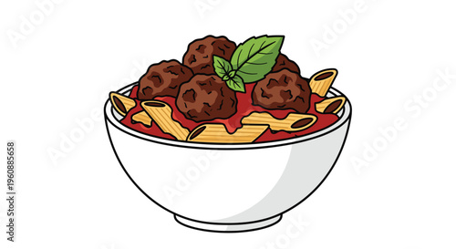 A white bowl contains penne pasta, red tomato sauce, five meatballs, and a green basil leaf.