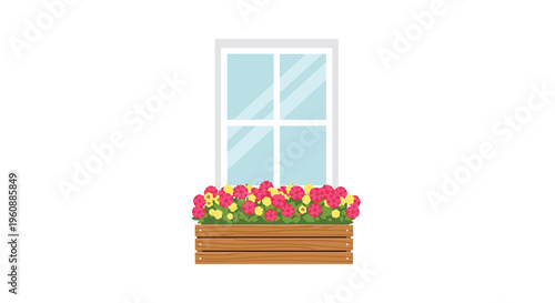A white-framed window with light blue panes sits above a wooden flower box filled with pink and yellow blooms.