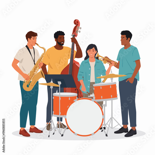 Jazz band playing music, with saxophone, double bass, drums, and trumpet