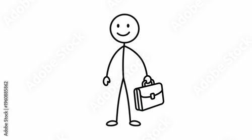 Happy Stick Figure Man Holding Briefcase and Ready for Business on Isolated White Background