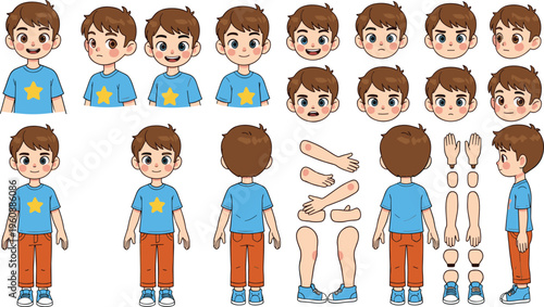 Cartoon Boy Character Creation Kit with Multiple Poses, Body Parts and Facial Expressions for Animation, Game Design and Custom Kids Character Builder.