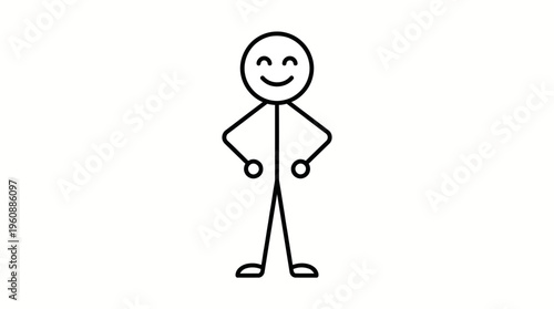 Pleased Stick Figure Standing with Hands on Hips and Smiling Face, Confident and Content on Isolated White Background