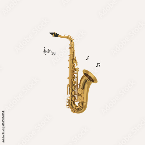 Golden brass saxophone with musical notes isolated on white