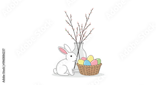 An illustrated white Easter bunny sits beside a vase of pussy willows and a basket of colorful eggs on a white background.