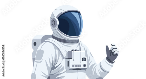 An illustrated astronaut in a white spacesuit with a blue visor gestures with one hand on a white background.