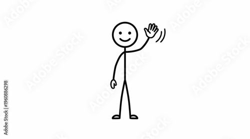 Simple Stick Figure Waving Hand, Expressing Friendly Greeting on Isolated White Background