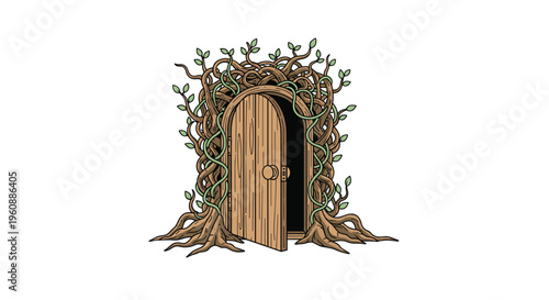 An old wooden door, overgrown with twisting vines and roots, stands slightly ajar on a white background.