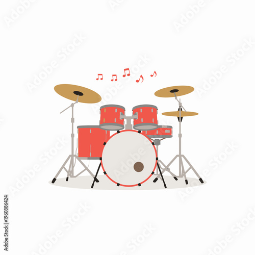 Red drums with musical notes isolated on white