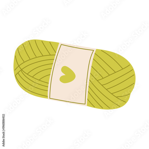 Green yarn skein with heart symbol. Cotton thread for knitting, crochet and handmade crafts..Clipart of needlework creative hobby isolated on background