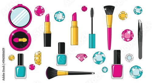 Various makeup products and colorful gemstones are arranged on a clean white background.