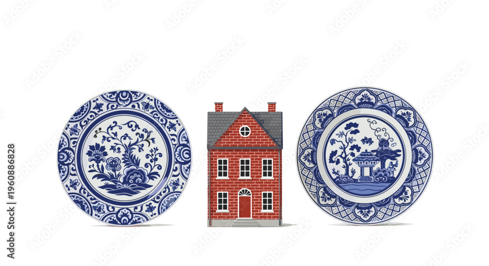 Obraz premium A small red brick house is positioned between two decorative blue and white patterned plates on a white surface.