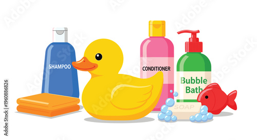 Various bath products, including shampoo, conditioner, bubble bath, a rubber duck, and a fish toy, are displayed on a white surface.