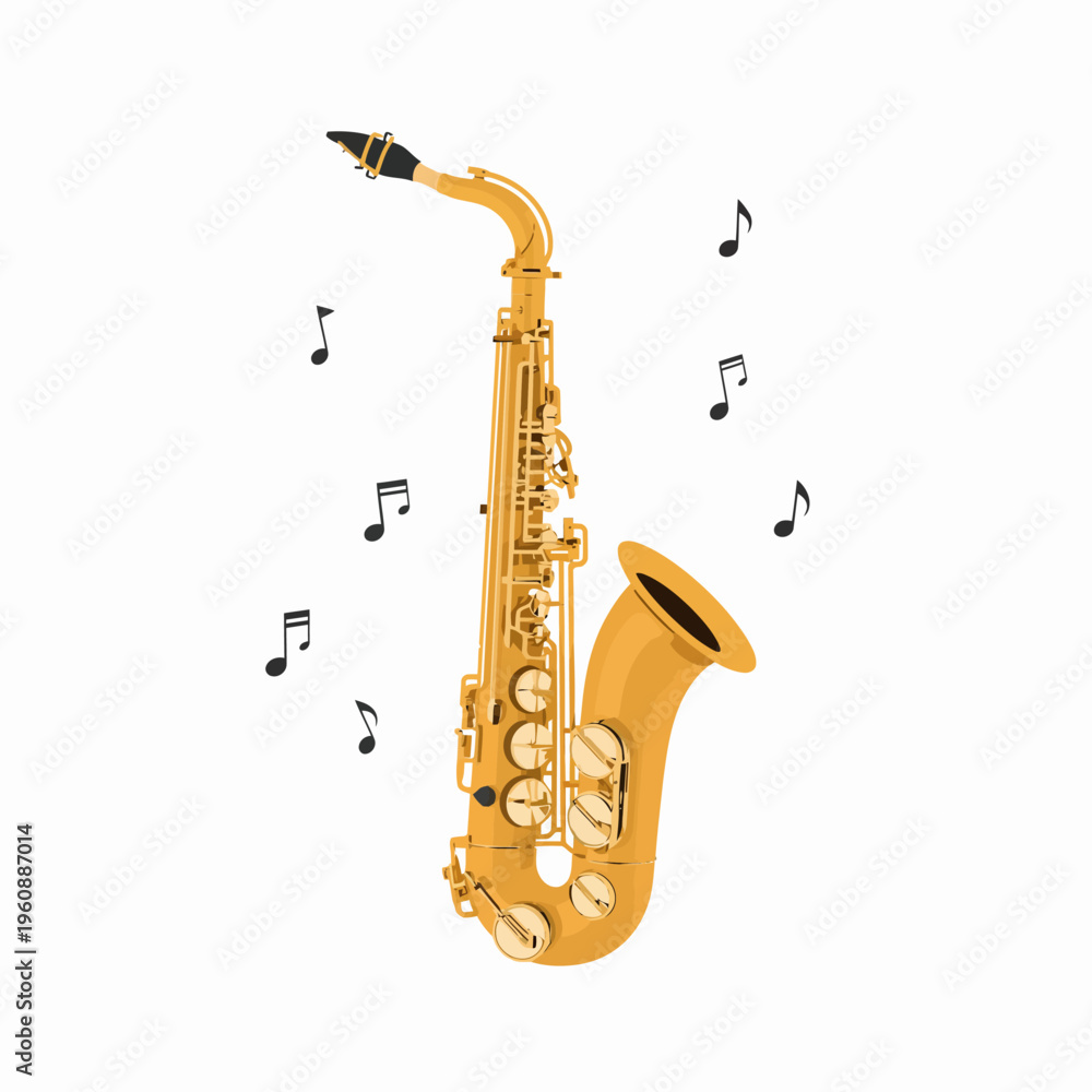 Naklejka premium Golden saxophone with musical notes against a white field