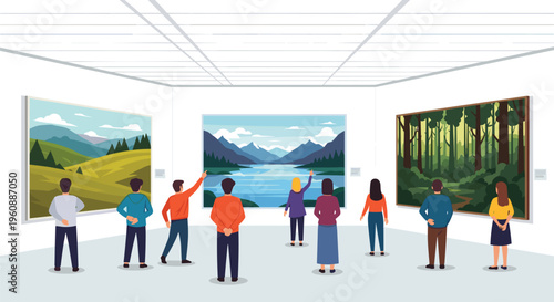 A group of people view three large landscape paintings displayed on the white walls of an art gallery.