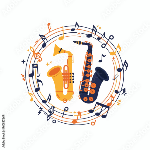 Saxophones and music notes in a circular jazz composition