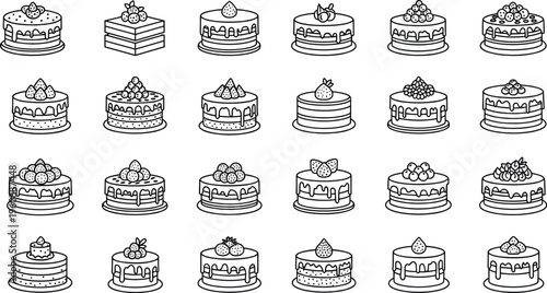 Assorted black and white line cakes with various toppings and decorations desserts
