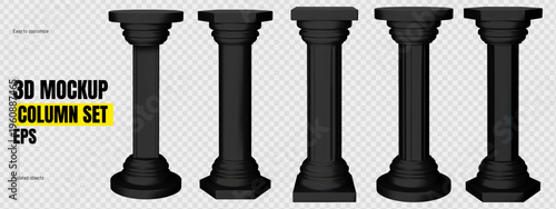 Black concrete column stand. Museum pillar plinth with cylinder and hexagon trophy podium. Marble greek architecture block mockup. Tribune platform for dark business element. Vertical antique symbol