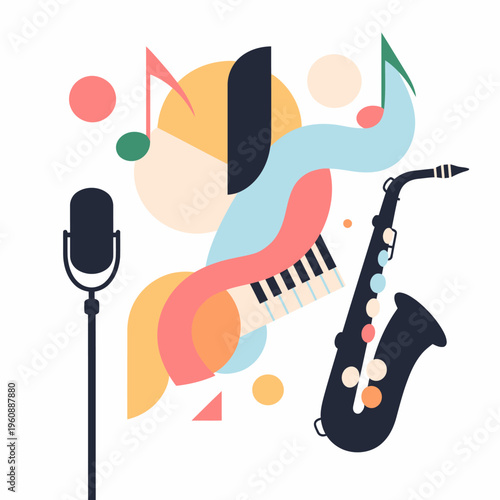 Abstract music saxophone and microphone with colorful shapes
