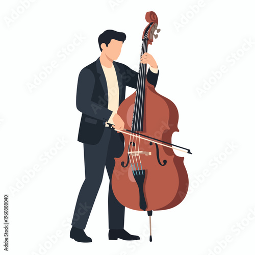 Man playing a double bass instrument with bow on white