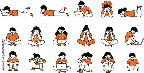 Children in orange shirts sitting and lying in various positions with laptops and stressed expressions