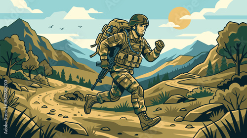 Brave Soldier in Camouflage Uniform Trekking Through Mountainous Terrain During Daylight Adventure