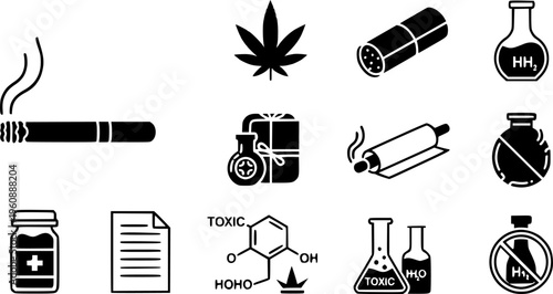 Narcotic and Smoking Awareness Icon Set - Toxic Substance Warning and Cannabis Leaf Vector Silhouettes